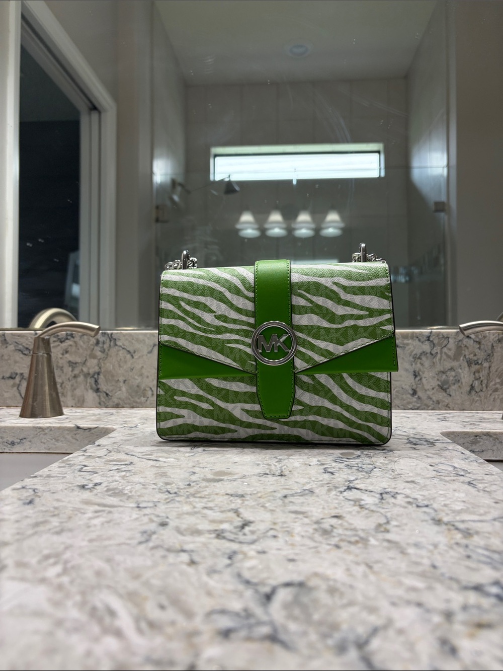 Michael Kors Green Zebra-Print Crossbody with Silver MK Accent